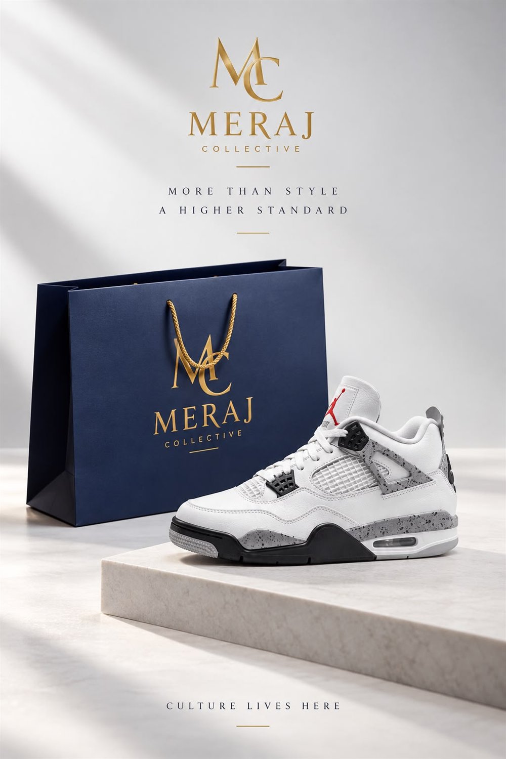 Meraj Collective — navy signature shopping bag beside a White Cement Air Jordan 4. More than style, a higher standard. Culture lives here.
