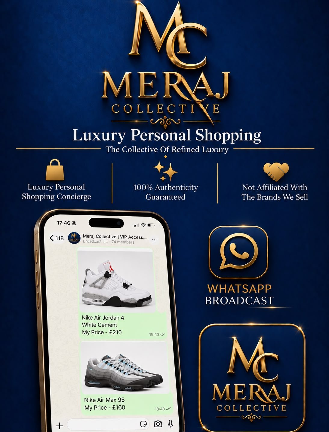 Meraj Collective VIP Access — luxury personal shopping WhatsApp broadcast showing member prices on an Air Jordan 4 and Air Max 95